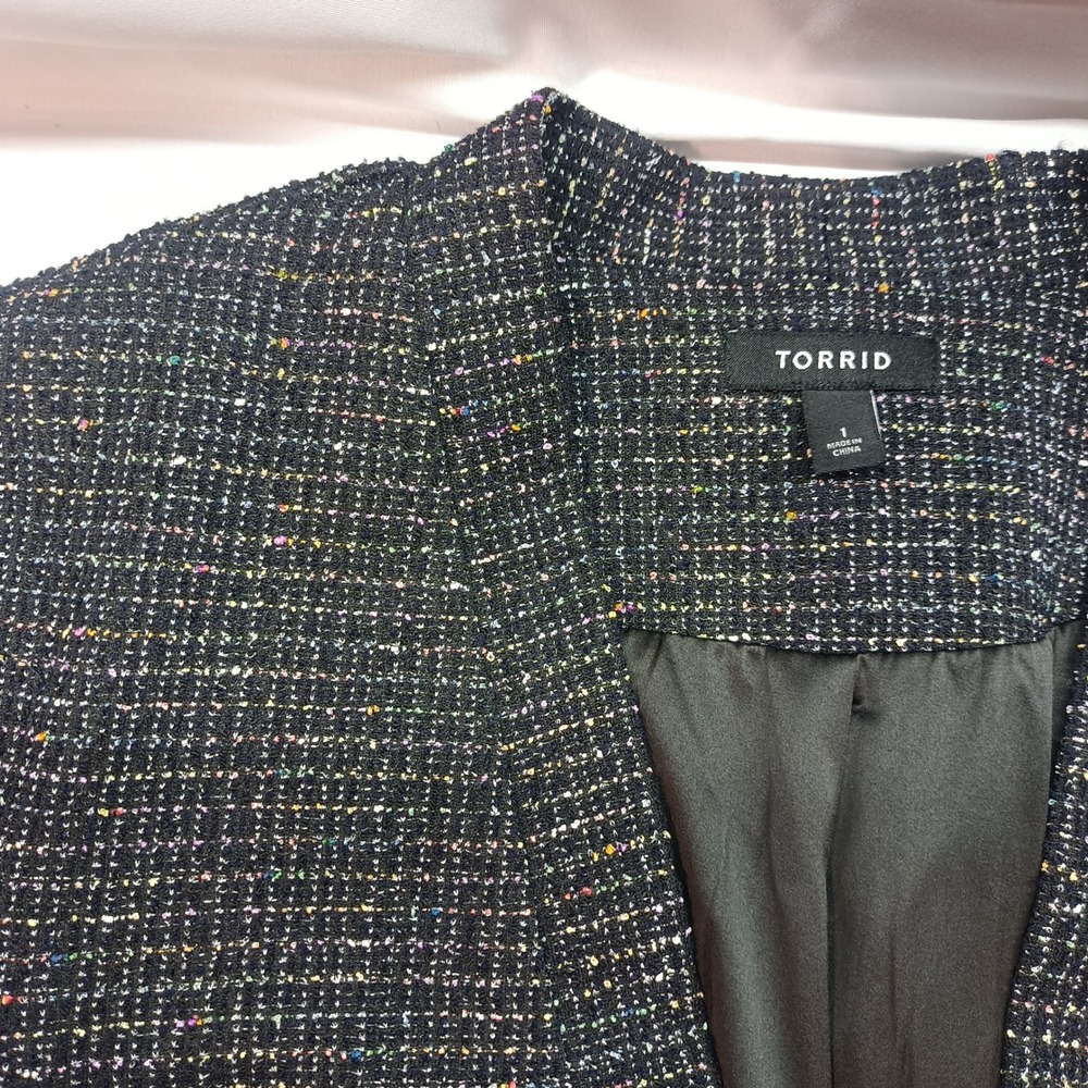 Torrid Womens Black Multi Color Confetti Tweed Open Front Blazer Jacket Size 1
